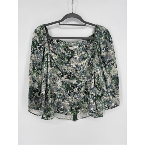 Vince Size 10 Floral Satin Blouse Green Square Neck Puff Sleeve Cottagecore New - Picture 5 of 10